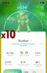 ¡Paquete de 10 Pokémon Scyther!! ¡Buena oportunidad de suerte y buenos IV!! Go - Imagen 1 de 1