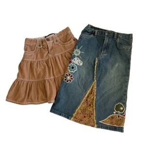 Lot Of 2 Girls Boho Western Skirts Corduroy Denim Appliqué Size 4 Hippie Farm - Picture 1 of 12