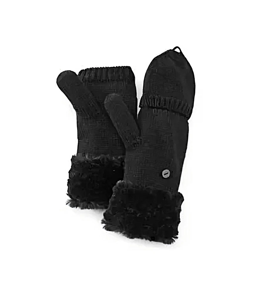 Isotoner Black Flip Top Mittens Sherpasoft Interior Furry Cuffs