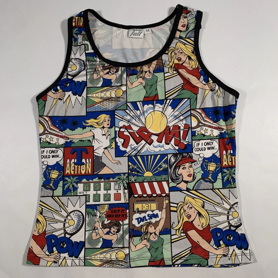 Vintage TAIL Womens Medium Tennis Tank Top Pop Art Comic Strip AOP Graphic - Image 1 of 4