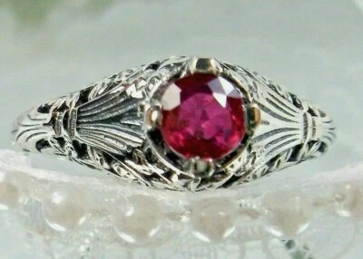 Ruby Ring, Simulated Gem, Sterling Floral Wedding jewelry (Custom) D154 - Image 1 of 4