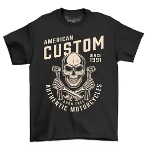American Custom Skull & Bones Authentic Motorcycle Men's Vintage Style T-Shirt - Picture 1 of 6