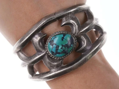 Vintage Native American Sandcast Sterling/turquoise cuff bracelet - Image 1 of 4