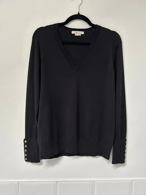 BODEN Black VNeck Cotton Blend Long Sleeve Gold Button Cuff Jumper M UK10-12 £65 - Image 1 of 4