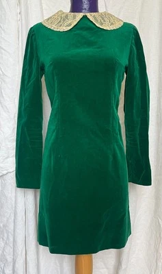 VTG 1960s Green Velvet Mini Dress w/ Lace Peter Pan Collar Twee Mod Wes Anderson - Image 1 of 4