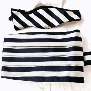 Brooks Brothers Kummerbund Fliege Set gestreift marine silberfarben Seide Accessoires - Bild 1 von 3