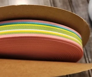 Preppy Vintage 7/8" Pink Green Blue Yellow Stripe Grosgrain Ribbon Roll - Picture 1 of 5