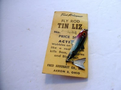 Señuelo vintage Arbogast Fly Rod Tin Liz años 70 en tarjeta, nuevo stock antiguo Foto 1 de 4