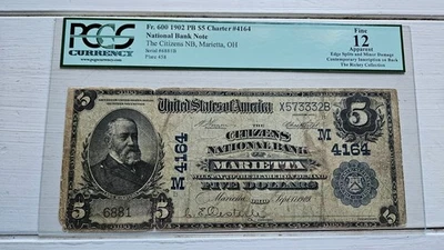1902 PB $5.00 Citizens National Bank of Marietta Ohio OH Ch 4164 PCGS 12 - Image 1 of 2