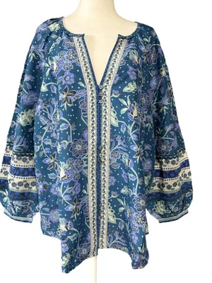 Camisa Sundance Mujer 2XL Azul Floral Arvilla Top Seda Algodón Boho Campesina Túnica Foto 1 de 4