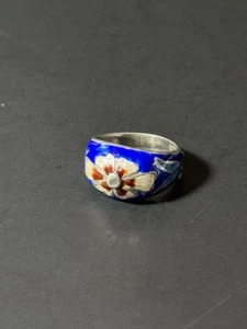 Vintage Sterling Silver 925 Cloisonne Blue Enamel Flower Ring Size 4.5 - Picture 1 of 15
