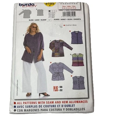Burda 8105  Misses' Blouse & Jacket Size 18-32 New Uncut - Image 1 of 4