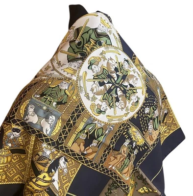 HERMES US Duty Free Silk Scarf Navy Blue Le Tarot Carre 90 Vintage - Image 1 of 4
