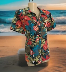 Hawaiian Print Blouse Sz XL Orange Blue Green Short Sleeve 100% Cotton Collared - Picture 1 of 9