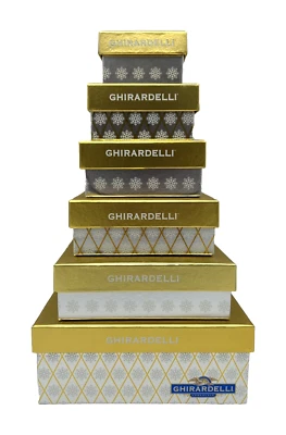 Set of 6 Decorative Holiday Nesting Gift Boxes Ghirardelli Logo Gold Silver Foil - Image 1 of 4