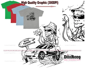DigiRods Alien ET Space Race Corvette C6 Hot Rod Parking Cartoon Car T Shirt - Picture 1 of 6