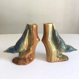 Juego de 2 jarrones de colección de 5"" para pájaro azul tronco de árbol nuthatch rama brote mediados de siglo - Imagen 1 de 10