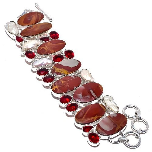 Mookaite Biwa Pearl Garnet Gemstone Silver Plated Jewelry Bracelet 7-8" - Image 1 of 1