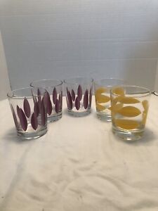 5 IKEA Yellow & Purple Leaf Pattern Juice Glasses-Clear Glass Base-3pup-2yell