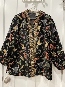 Black & Floral Tapestry Lined WHITE STAG Jacket Leopard Jaguar Print Trim Sz XL - Picture 1 of 5