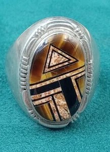 Sterling native Men's Ring w. Unique Tiger's Eye Cabochon Design: Size 11, "AT" - Picture 1 of 4
