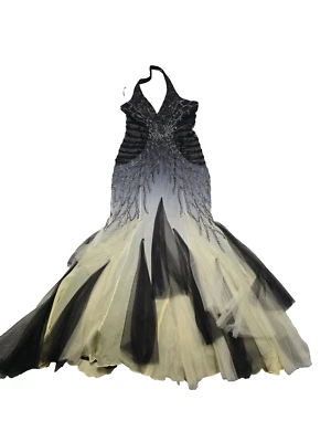 Vestido Jasz Couture By Adagio para mujer de seda de lujo con cuentas negro dorado talla 16 Foto 1 de 4