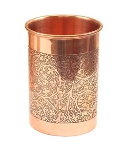 Pure Copper Glass  Embossed Design Drinking Serving Water Yoga Ayurveda 300ml - Picture 1 of 5