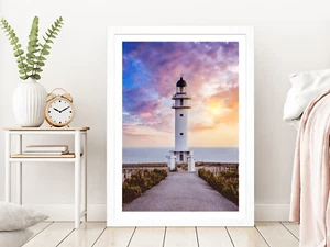 Road Leading To Lighthouse sunset Glass Framed Wall Art, Ready to Hang - Picture 1 of 6
