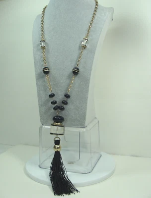 Vtg CHICO'S Lucite Drop Gold Chain Navy Bead Tassel Necklace Fashion Mod Jewelry - Image 1 of 4