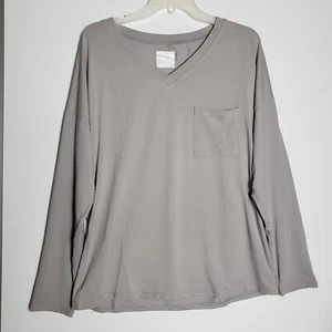 Voxget V-Neck Long Sleeve (Womens Medium Light Grey) Solid Color Top With Pocket - Picture 1 of 13