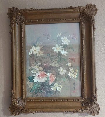Cuadro vintage 1973 Homco interior floral y mariposa 22"x18" plástico y vidrio Foto 1 de 4