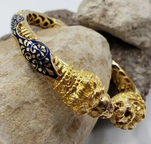 *18KT Yellow Gold Lion Heads Cuff - Bracelet with Rubies - Blue Enamel - Picture 1 of 8