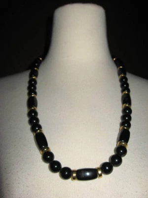 Signed Napier black gold-tone large bead beads  25" statement necklace A3 - Image 1 of 3