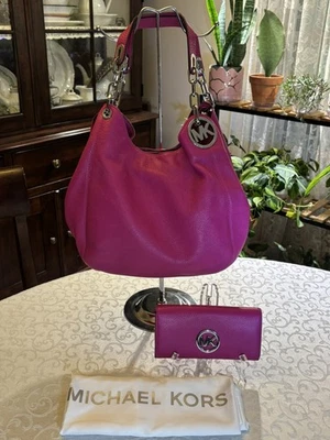Michael Kors Fulton Fuchia 大号链条托特包 匹配钱包 全新无标签 礼品套装 — 第 1/4 张图片