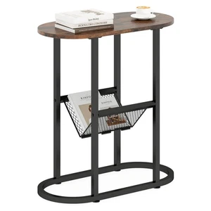 2-tier Side Table Oval Narrow End Table Nightstand Bedside Table Brown - Picture 1 of 10