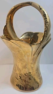 Vintage Art Vase 22kt Gold Glazed Ceramic Basket USA Pottery BelTerr China - Picture 1 of 5