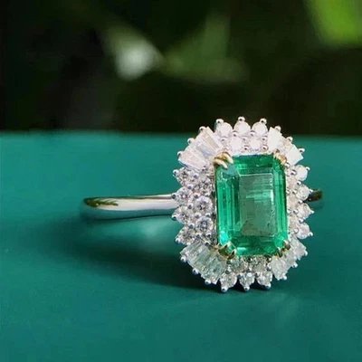 Anillo de boda de diamantes esmeralda natural certificado de 5,00 quilates anillo de oro blanco sólido de 18 k Foto 1 de 4