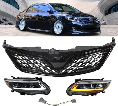 Fits 2011-2013 Toyota Corolla Black Projector LED DRL Headlights + Front Grille - Image 1 of 4