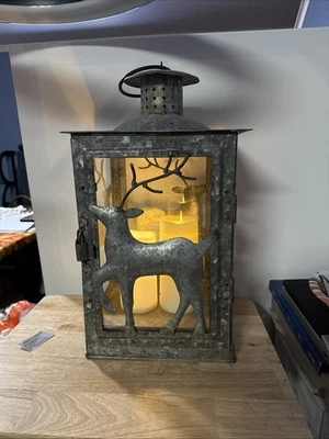 Distressed Silver Reindeer Candle Lantern 19” H, 10.5 W Light Up Your Holiday XL - Image 1 of 4