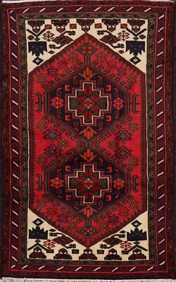 Geometric Nomad Hamedan Hand-knotted RED Area Rug Wool Oriental Foyer Carpet 3x5 - Image 1 of 4
