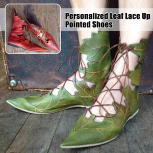 Women's Lace Up Pixie Fairy Boots W/Leaves Costume Cosplay Forest Festival Shoes - Picture 1 of 11