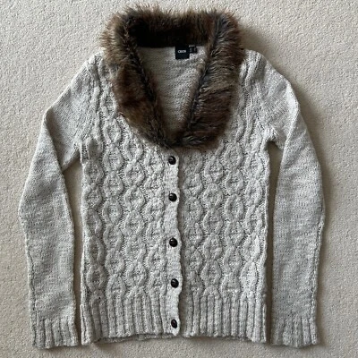 ASOS Ivory-Cream Knitted Cardigan UK8 S EU36 US4 Faux Fur Collar Buttons Rustic - Image 1 of 4