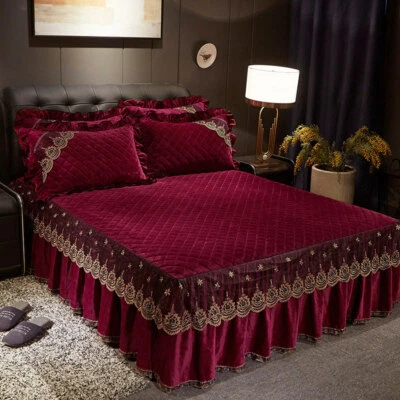 Solid Quilted Velvet Lace Bed Skirt Bedspread Twin King Soft Warm Fitted Sheets - Image 1 of 4