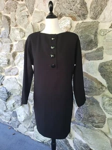 80s/90s Rickie Freeman Teri John Wool Black Big Button Shift Long Sleeve Dress 6 - Picture 1 of 9