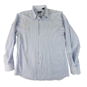 Hugo Boss Shirt Mens 17.5 34/35 White Blue Pinstriped Long Sleeve Button Up - Picture 1 of 10