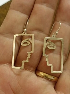 Taxco Mexico Abstract Face Pierced Earrings 925 Sterling Silver 2g - 1⅝"x⅝" - Picture 1 of 5