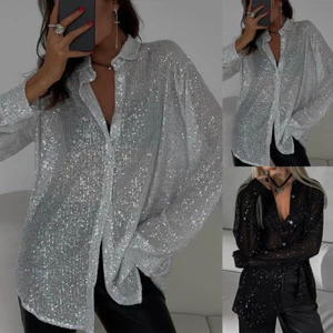 Women Sexy Mesh Sequins Long Sleeve T-shirt Blouse Tops Button Up Party Clubwear - Picture 1 of 17