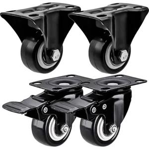 4 Pack Combo 1.5" Inch All Black PU Caster Wheels (2 With Brake & 2 Rigid Fixed) - Picture 1 of 11