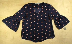 Valerie Stevens Top Blouse Womens Size Large Blue Polka Dot Flare Sleeve V-Neck - Picture 1 of 16