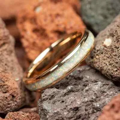 Anillo de boda blanco aplastado ópalo de fuego negro tungsteno para mujer 4 mm ajuste cómodo Foto 1 de 4